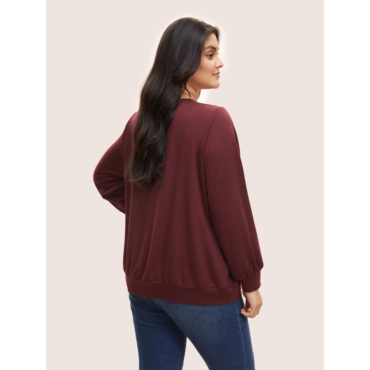 Plus Size Butterfly & Floral Embroidered Crew Neck Sweatshirt Women Burgundy Casual Non Round Neck Everyday Sweatshirts BloomChic 26/4X Product Image