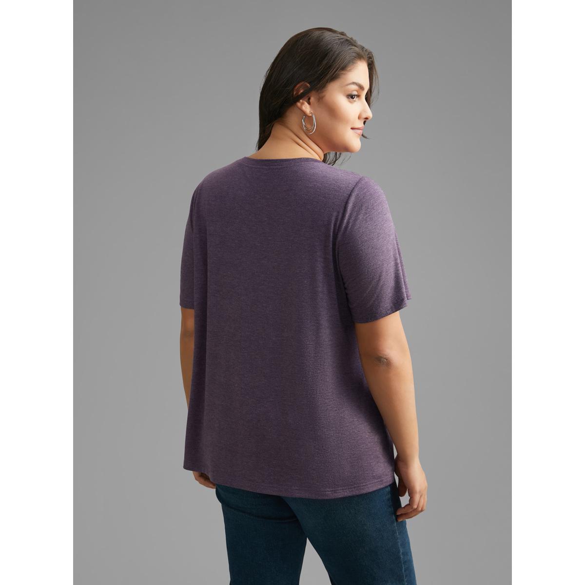 Plus Size Round Neck Moon & Floral Print T-shirt Eggplant Women Casual Non Natural Flowers Round Neck Everyday T-shirts BloomChic 10/M Product Image