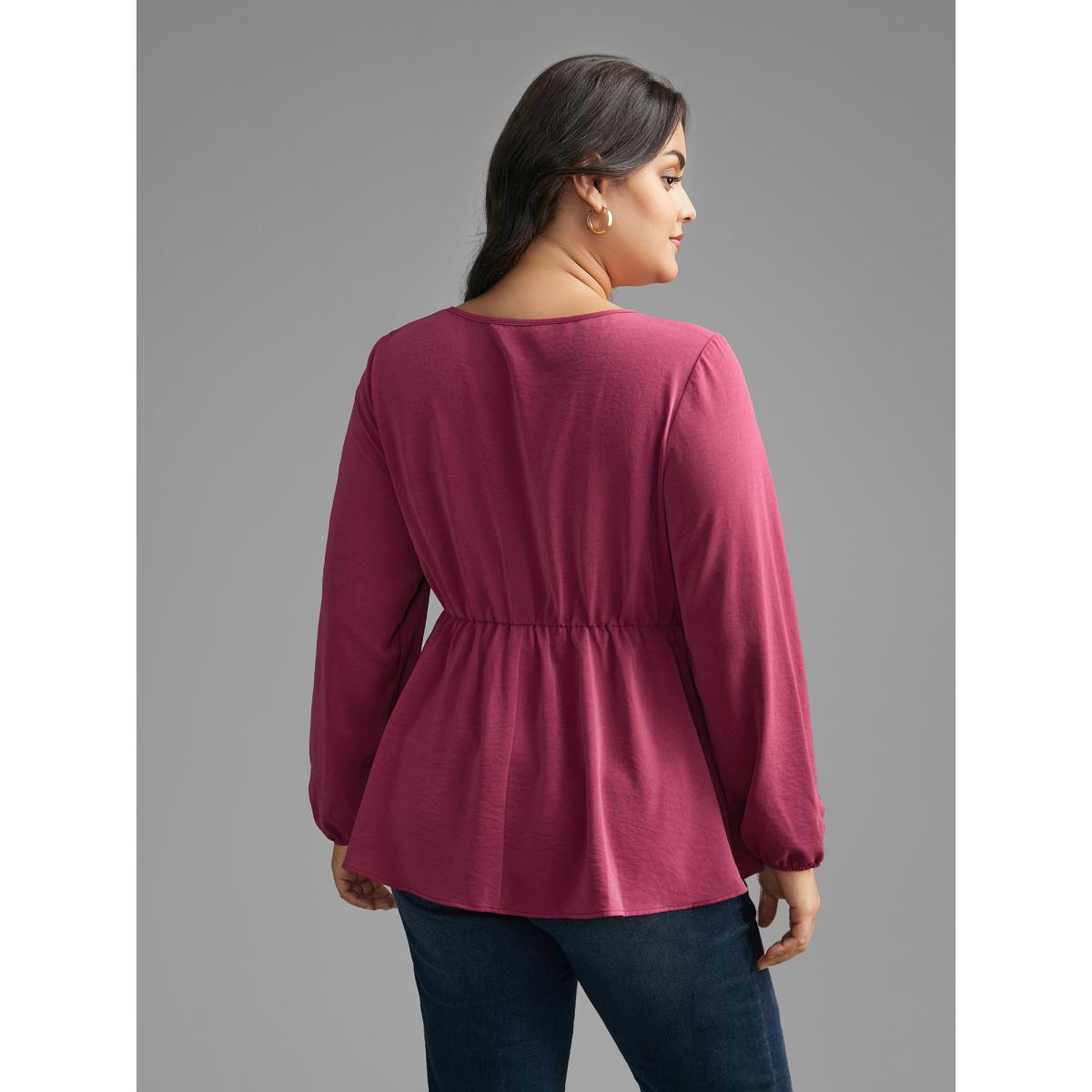 Plus Size RedViolet Notched Collar Gathered Lantern Sleeve Blouse Women Elegant Long Sleeve Notched collar Everyday Blouses BloomChic 22-24/3X Product Image