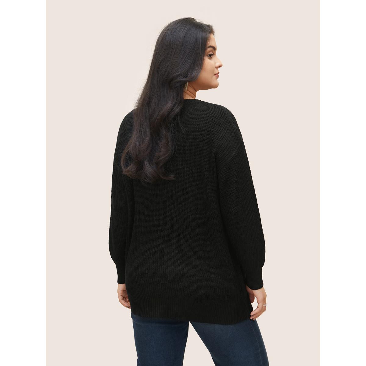 Plus Size Plain Round Neck Hollow Out Drop Shoulder Pullover Black Women Casual Loose Long Sleeve Round Neck Dailywear Pullovers BloomChic 28/5X Product Image