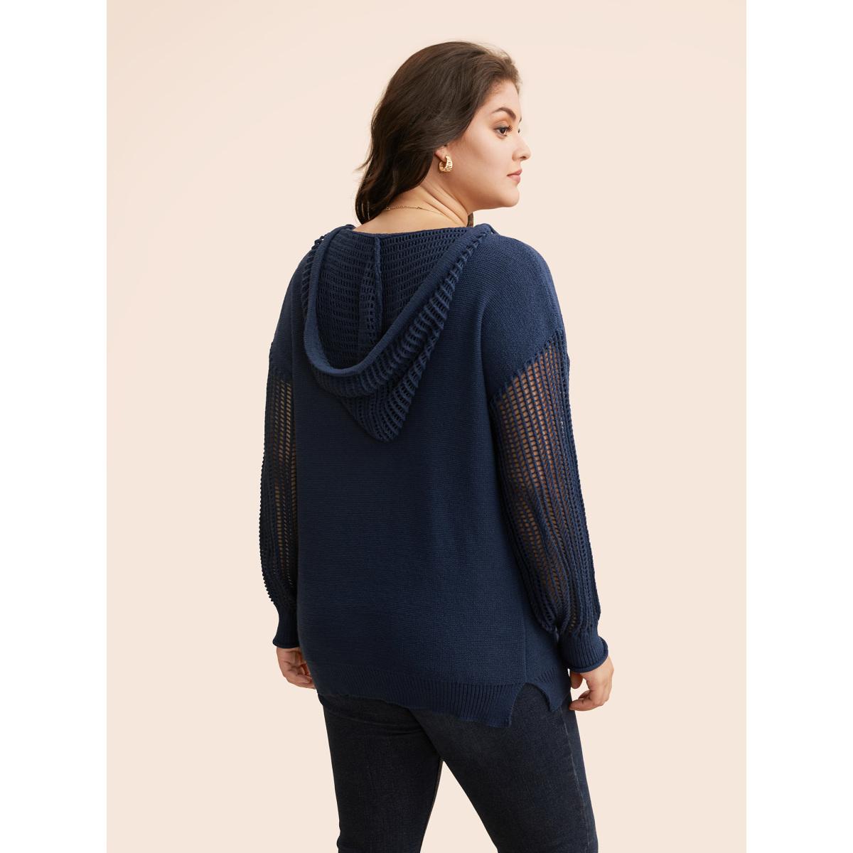 Plus Size Hooded Drawstring Cut Out Pocket Pullover Indigo Women Leisure Three Quarter Length Sleeve V-neck Casual Pullovers BloomChic 30/6X Product Image