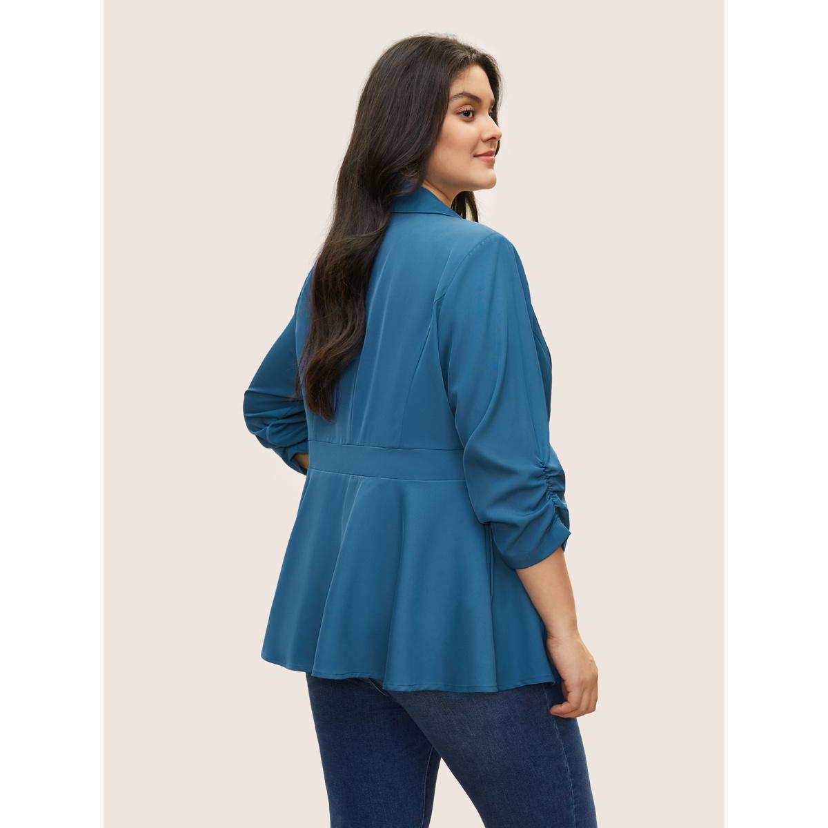 Plus Size Suit Collar Gathered Lined Floral Blazer Cerulean Women Work Plain Non Sleeve Elbow-length sleeve Suit Collar 14-16/1X Slanted pocket At the Office Blazers BloomChic Product Image