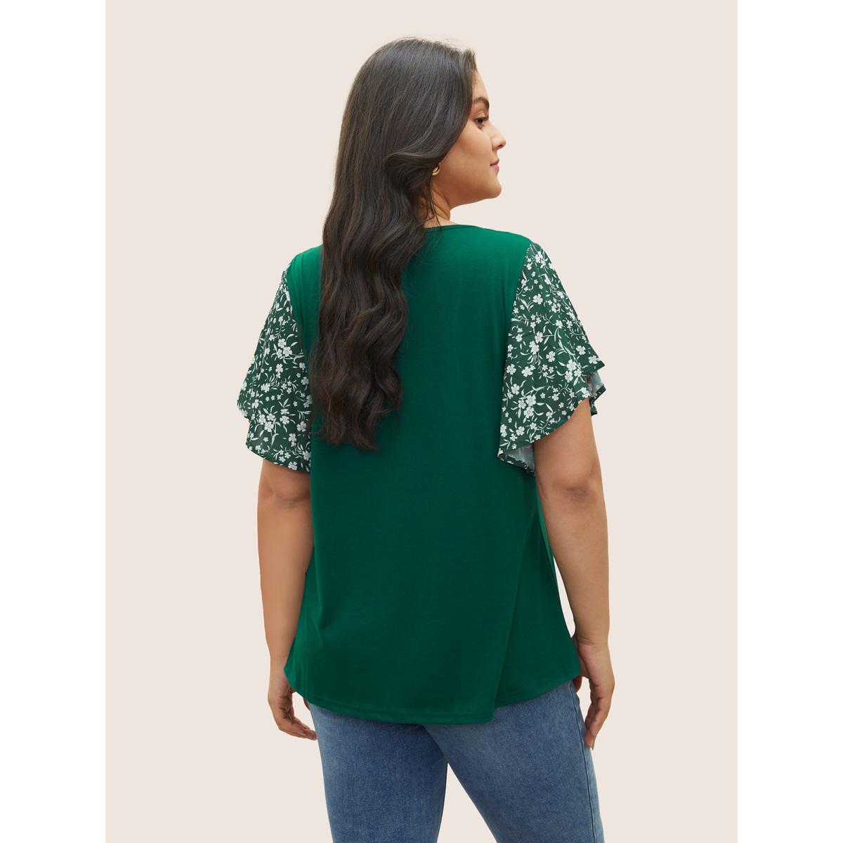 Plus Size Ditsy Floral Ruffle Sleeve Round Neck T-Shirt DarkGreen Women Elegant Ditsy Floral Everyday T-shirts BloomChic 12/L Product Image