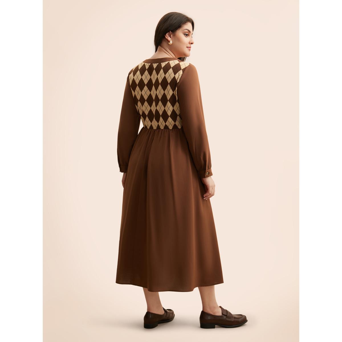 Plus Size Geometric Crew Neck Button Detail Dress Browncoffeecolor Women Elegant Patchwork Round Neck Long Sleeve Curvy BloomChic 12/L Product Image
