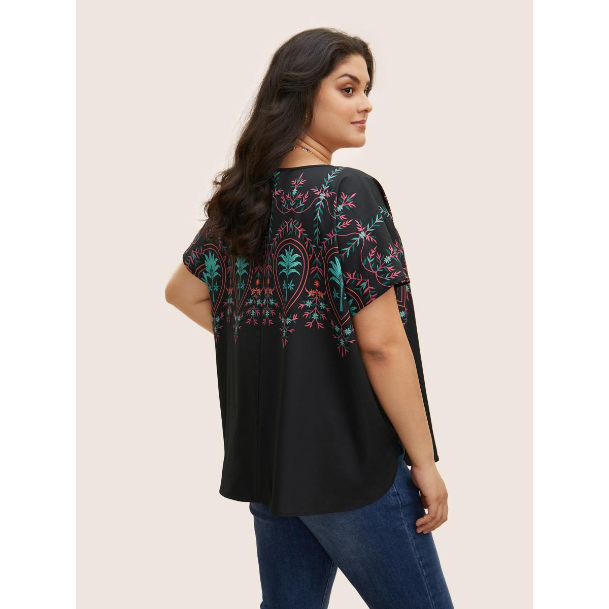 Plus Size Black Round Neck Boho Print Dolman Sleeve Blouse Women Resort Short sleeve Round Neck Vacation Blouses BloomChic 22-24/3X Product Image