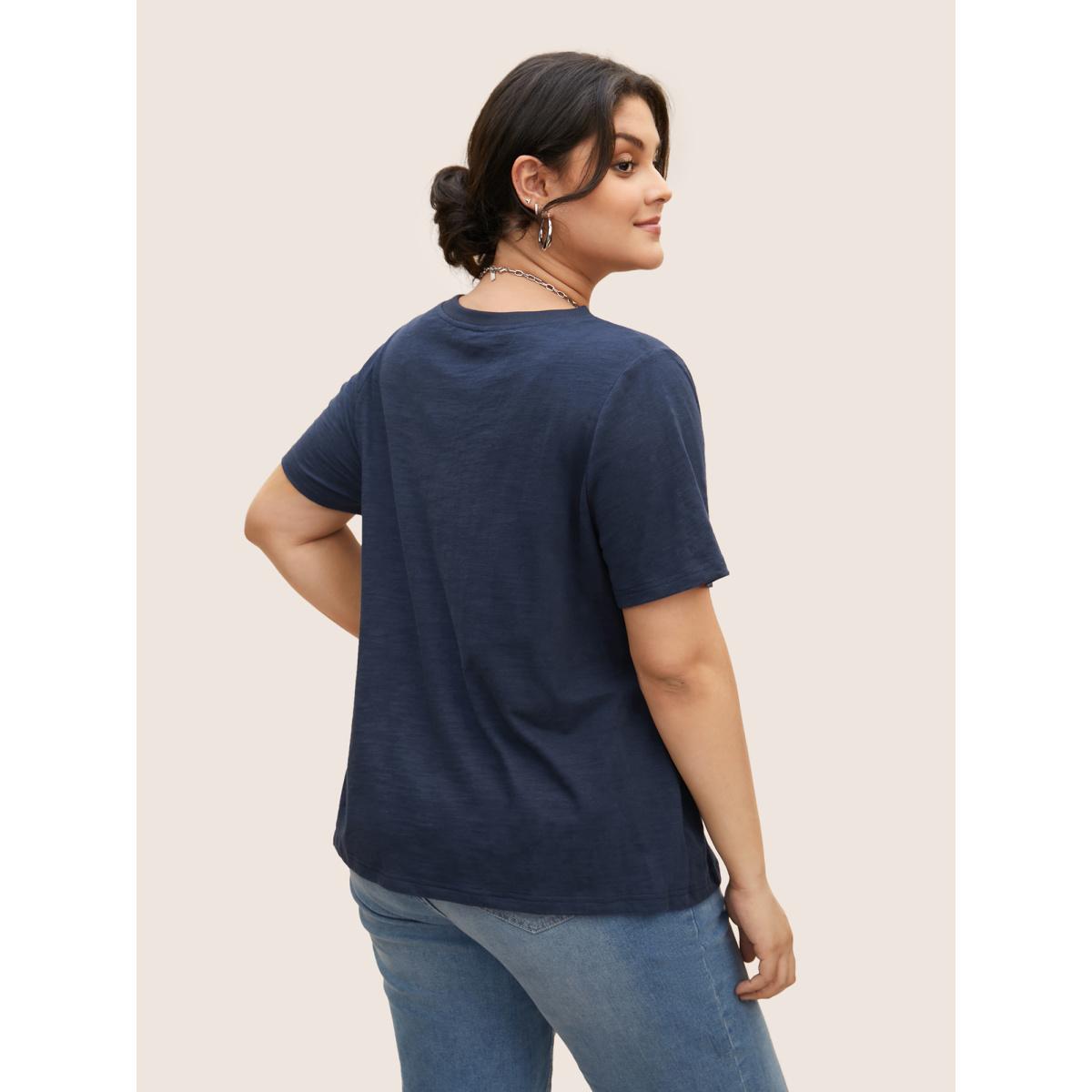 Plus Size Cotton Solid Crew Neck Pit Strip T-shirt Indigo Women Basics Non Round Neck Everyday T-shirts BloomChic 12/L Product Image