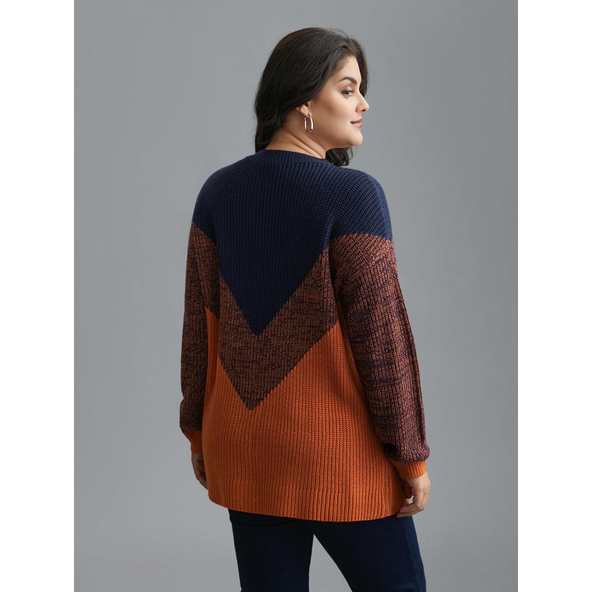 Plus Size Textured Balloon Sleeves Color Block Pullover Indigo Women Casual Loose Long Sleeve Round Neck Everyday Pullovers BloomChic 30/6X Product Image