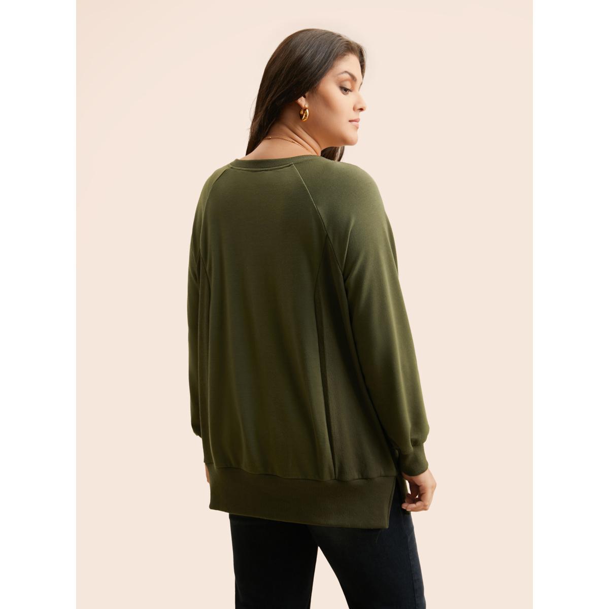 Plus Size Crew Neck Patchwork Split Hem T-shirt Women ArmyGreen Casual Patchwork Round Neck Everyday Sweatshirts BloomChic 30/6X Product Image