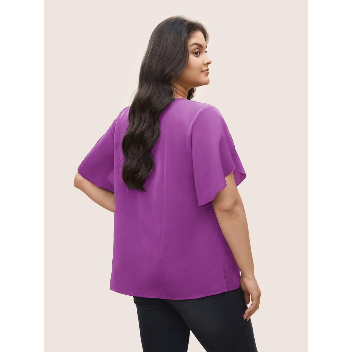 Plus Size Purple Solid Keyhole Petal Sleeve Pleated Blouse Women Work From Home Short sleeve Notched collar Work Blouses BloomChic 28/5X Product Image