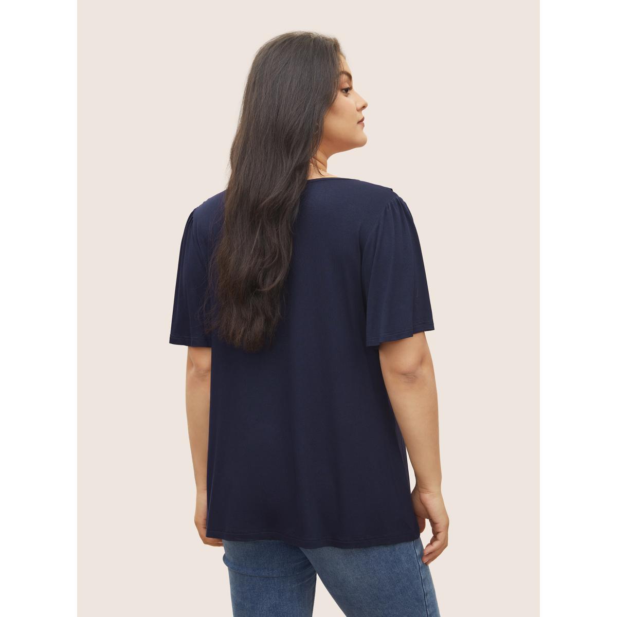Plus Size Supersoft Essentials Solid Ruffle Trim T-shirt Indigo Women Elegant Non Plain V-neck Everyday T-shirts BloomChic 18-20/2X Product Image