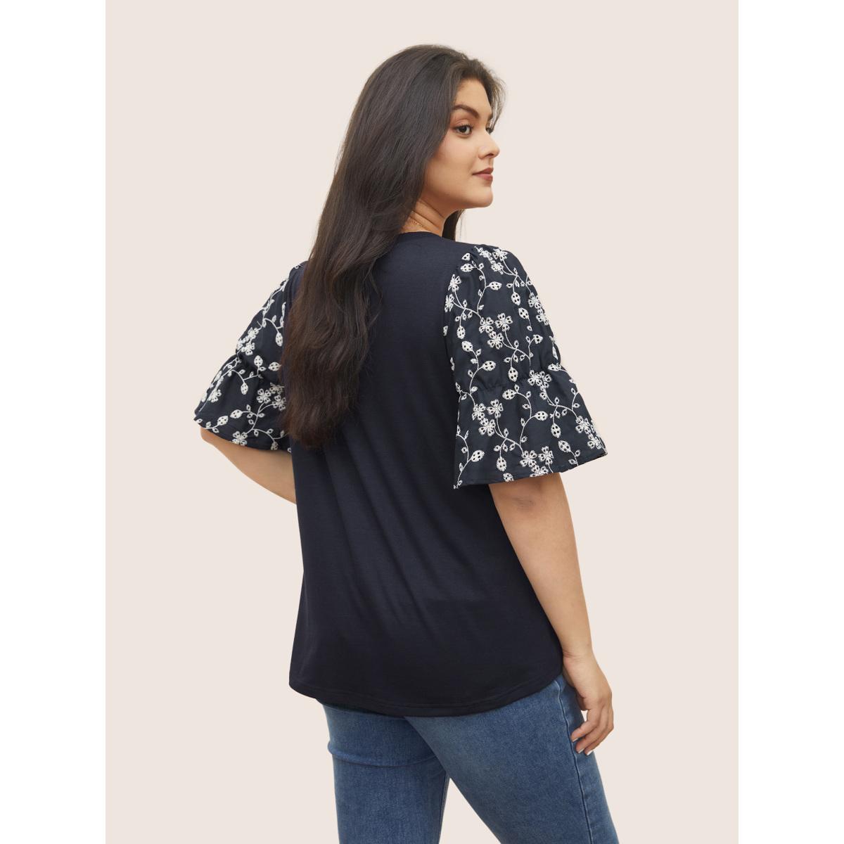 Plus Size Ditsy Floral Patchwork Broderie Anglaise T-shirt Midnight Women Elegant Patchwork Ditsy Floral Round Neck Everyday T-shirts BloomChic 14-16/1X Product Image