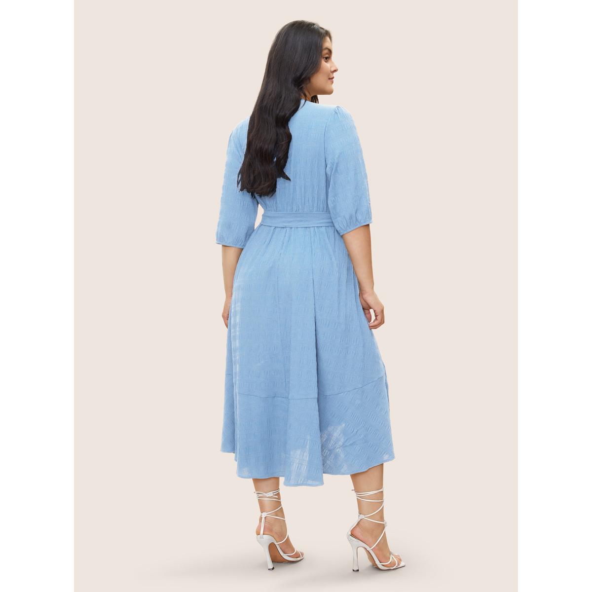 Plus Size Plisse Overlap Collar Belted Pleated Detail Dress LightBlue Women At the Office Non Overlap Collar Elbow-length sleeve Curvy Midi Dress BloomChic 30/6X Product Image