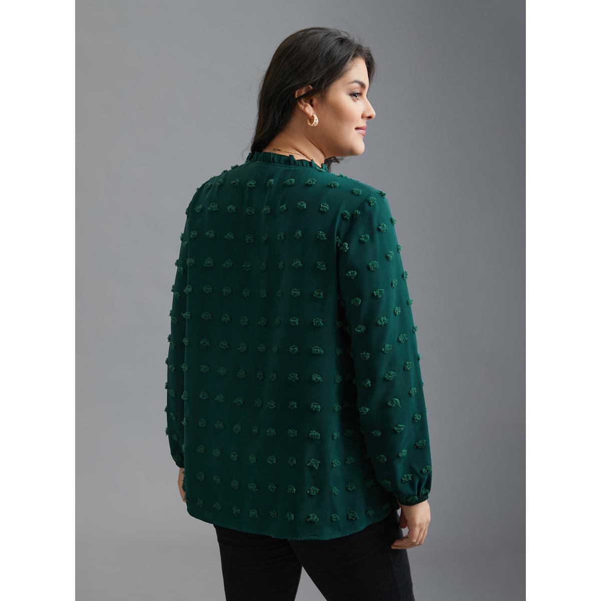 Plus Size DarkGreen Notched Collar Ruffle Trim Textured Blouse Women Elegant Extra Long Sleeve V-neck Everyday Blouses BloomChic 22-24/3X Product Image