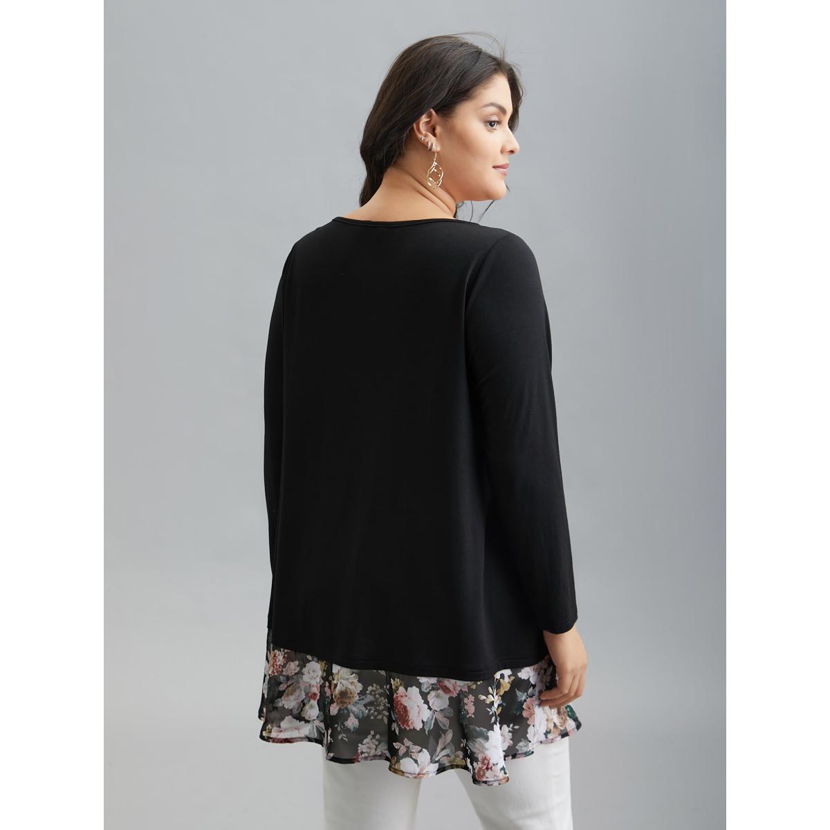 Plus Size Floral Print Contrast Round Neck T-Shirt Black Women Elegant Overlapping Natural Flowers Boat Neck Loose Everyday T-shirts BloomChic 18-20/2X Product Image