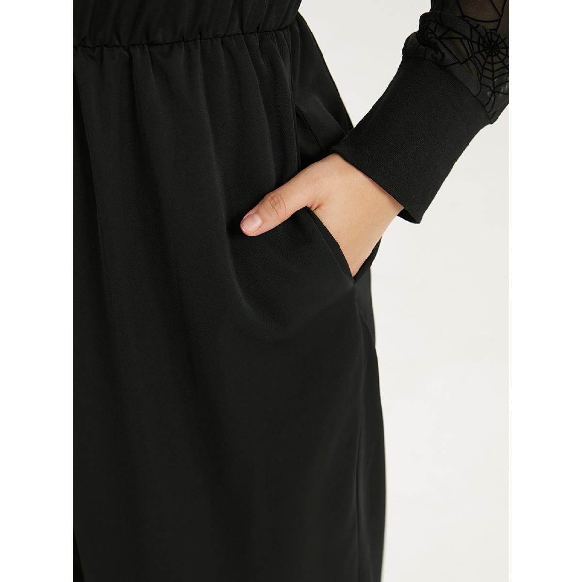 Plus Size Black Halloween Anti-Wrinkle Spider Web Crochet Lace Mesh Jumpsuit Women Glamour Long Sleeve Mock Neck Festival-Halloween Loose Jumpsuits BloomChic 14-16/1X Product Image