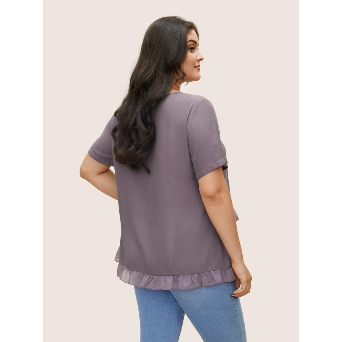 Plus Size Mauve Plain Tiered Ruffles Patched Pocket Blouse Women Casual Short sleeve Round Neck Everyday Blouses BloomChic 30/6X Product Image