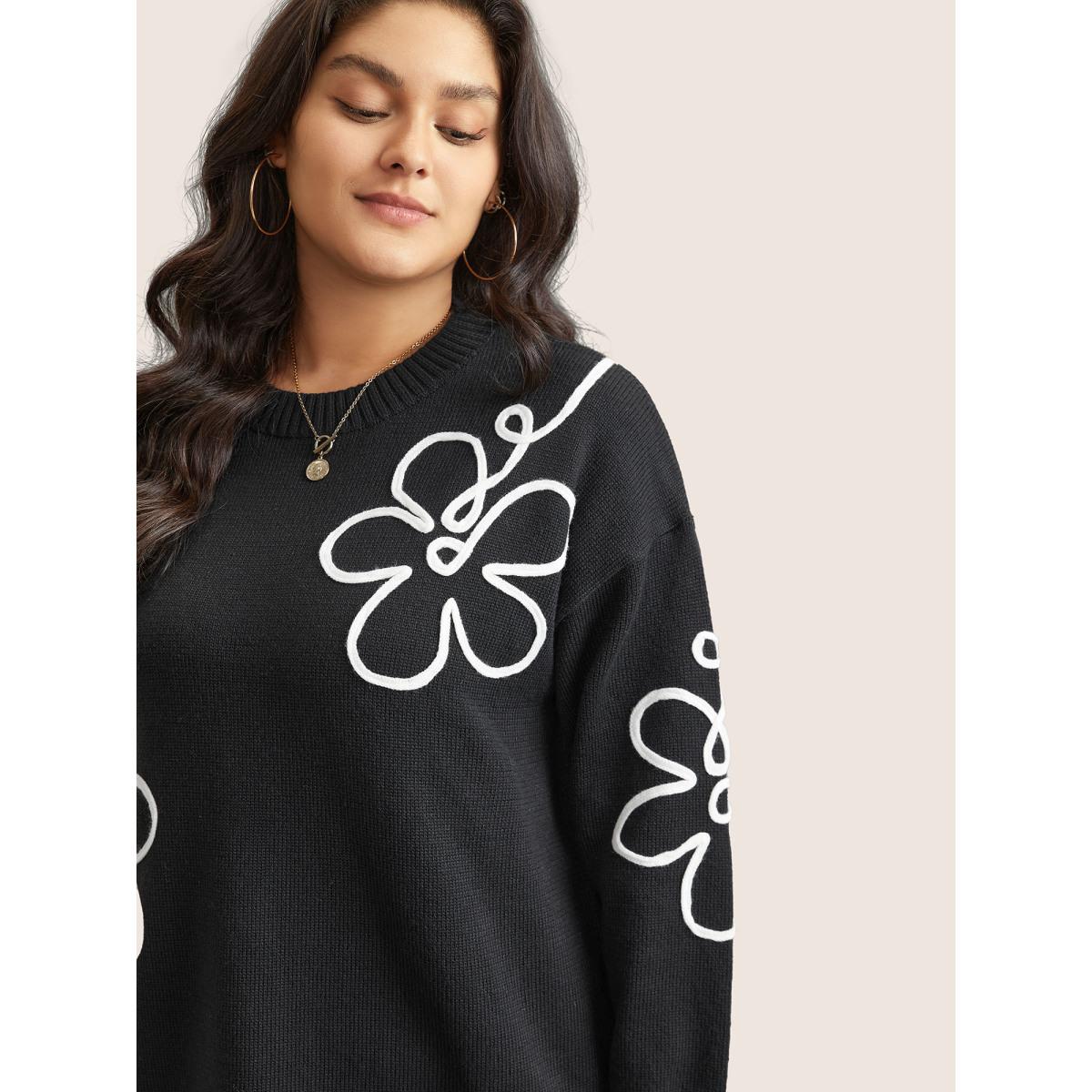 Plus Size Supersoft Essentials Floral Embroidered Crew Neck Pullover Black Women Casual Loose Long Sleeve Round Neck Everyday Pullovers BloomChic 30/6X Product Image