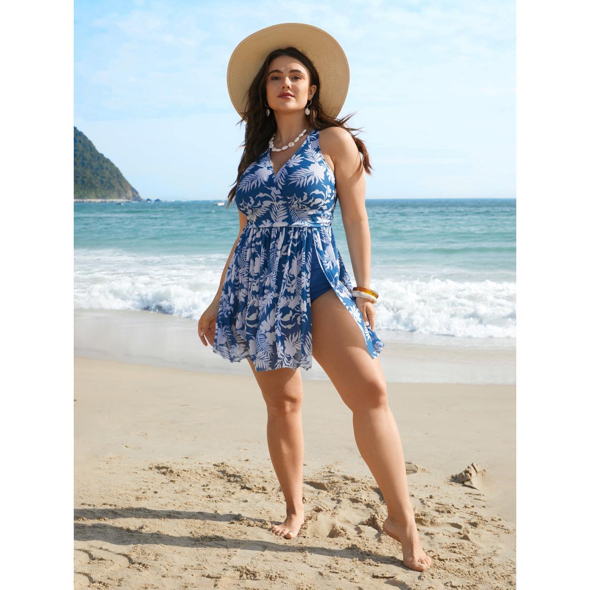 Plus Size Tropical Print Adjustable Slit Swim Dress Women's Swimwear Cerulean Beach Bodycon Overlap Collar High stretch Curve Swim Dresses BloomChic 18-20/2X Product Image