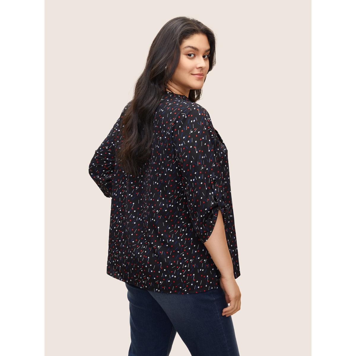 Plus Size Black Geometric Tab Sleeve Tie Neck Blouse Women At the Office Elbow-length sleeve Ribbon-tied collar Office Blouses BloomChic 12/L Product Image