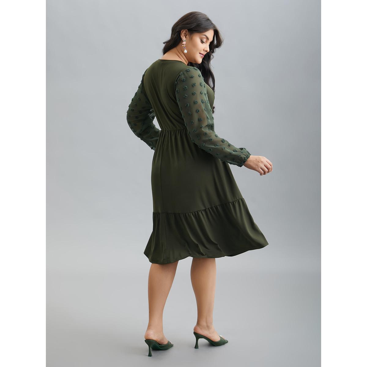 Plus Size Sheer Chiffon Textured Waist-Defined Midi Dress ArmyGreen Women Elegant Texture Round Neck Extra Long Sleeve Curvy BloomChic 28/5X Product Image