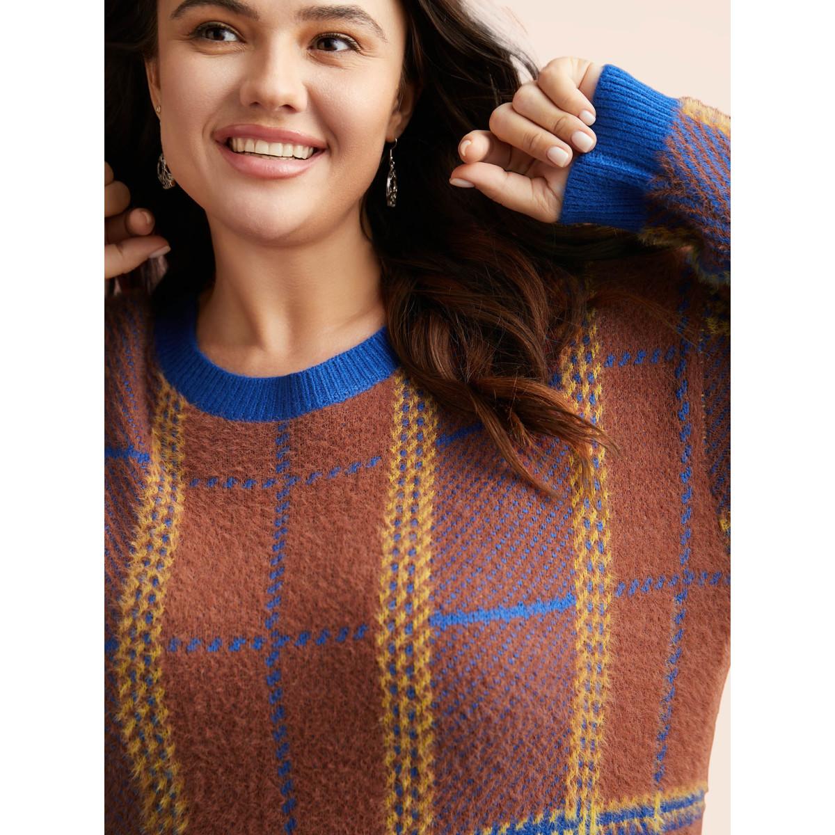 Plus Size Plaid Texture Crew Neck Pullover Navy Women Casual Long Sleeve Round Neck Everyday Pullovers BloomChic 10/M Product Image