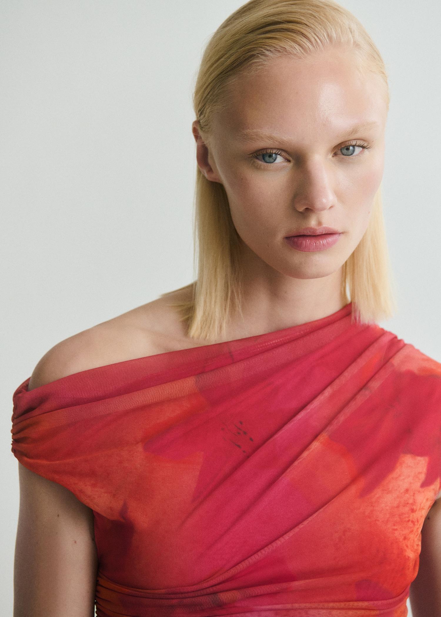 Floral midi-dress with asymmetrical neckline - Women | MANGO USA Product Image