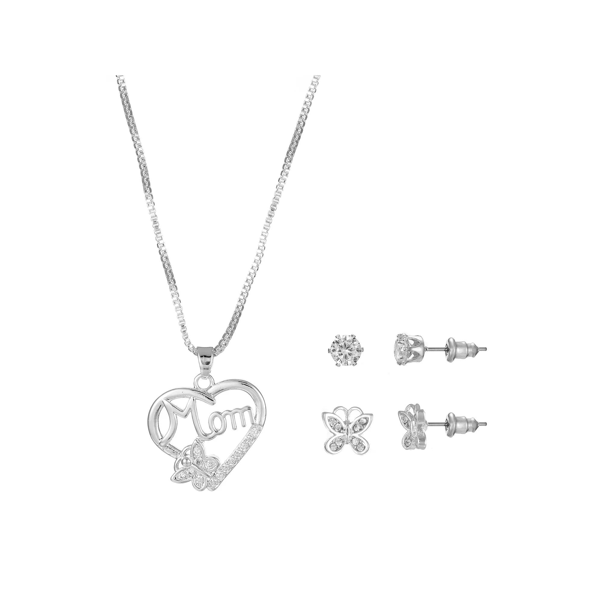 Silver Tone Cubic Zirconia "Mom" Heart Pendant Necklace & Stud Earrings Duo Set, Women's Product Image