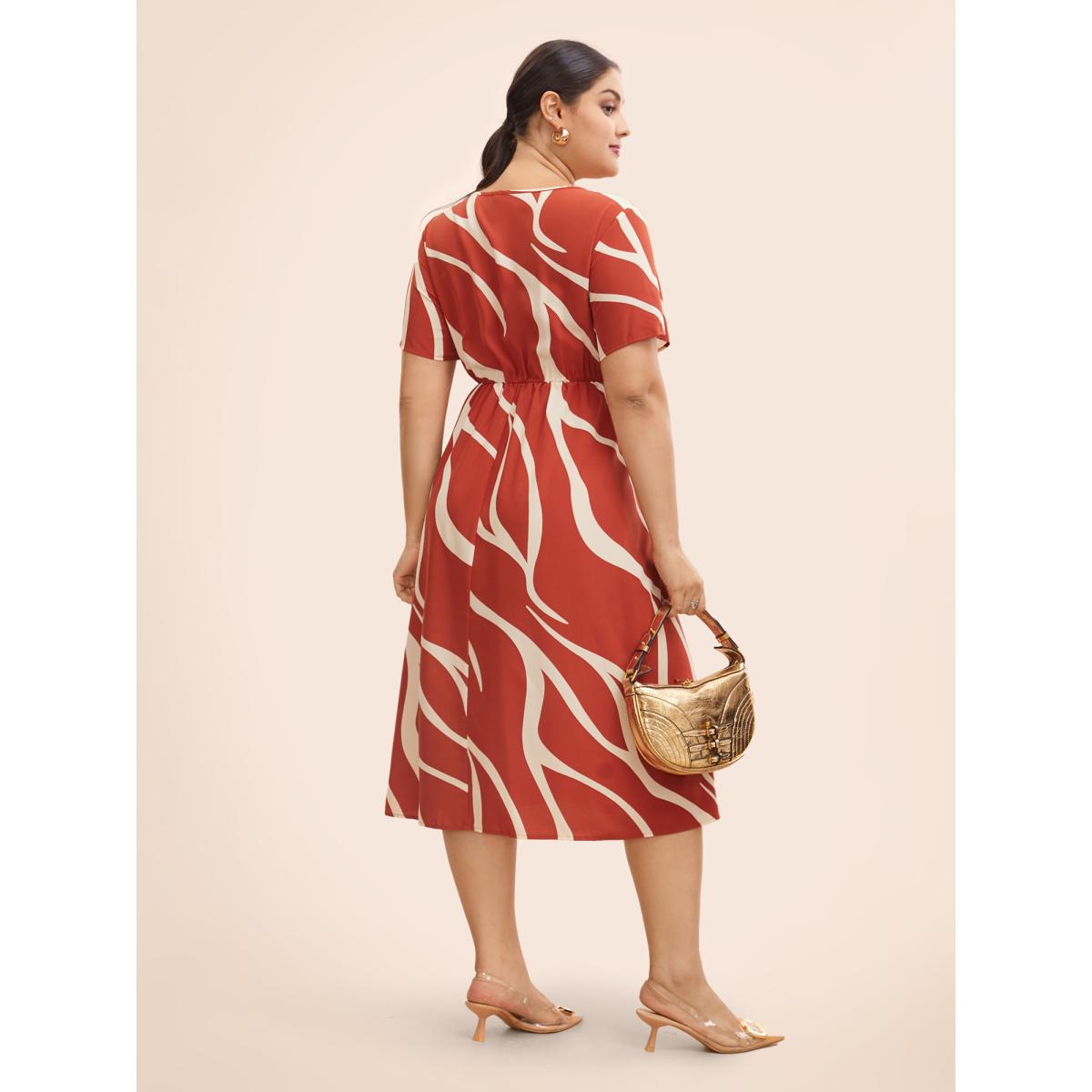 Plus Size Geometric Split Hem Midi Dress OrangeRed Women Workwear Essentials Non Round Neck Short sleeve Curvy BloomChic 30/6X Product Image