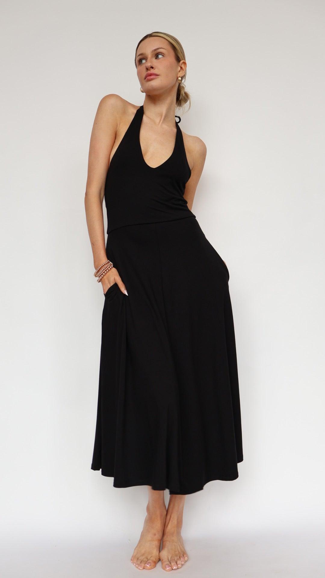 Easygoing Halter Neck Black Midi Dress Product Image