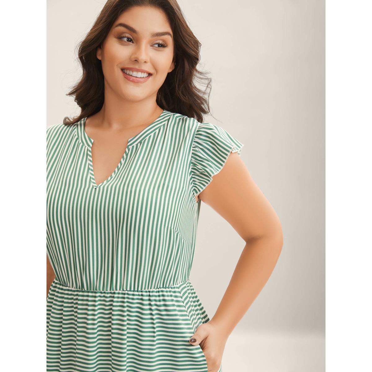Plus Size Breezy Stripes Tiered Maxi Dress Emerald Women Flat collar with V-notch Cap Sleeve Curvy BloomChic 14-16/1X Product Image