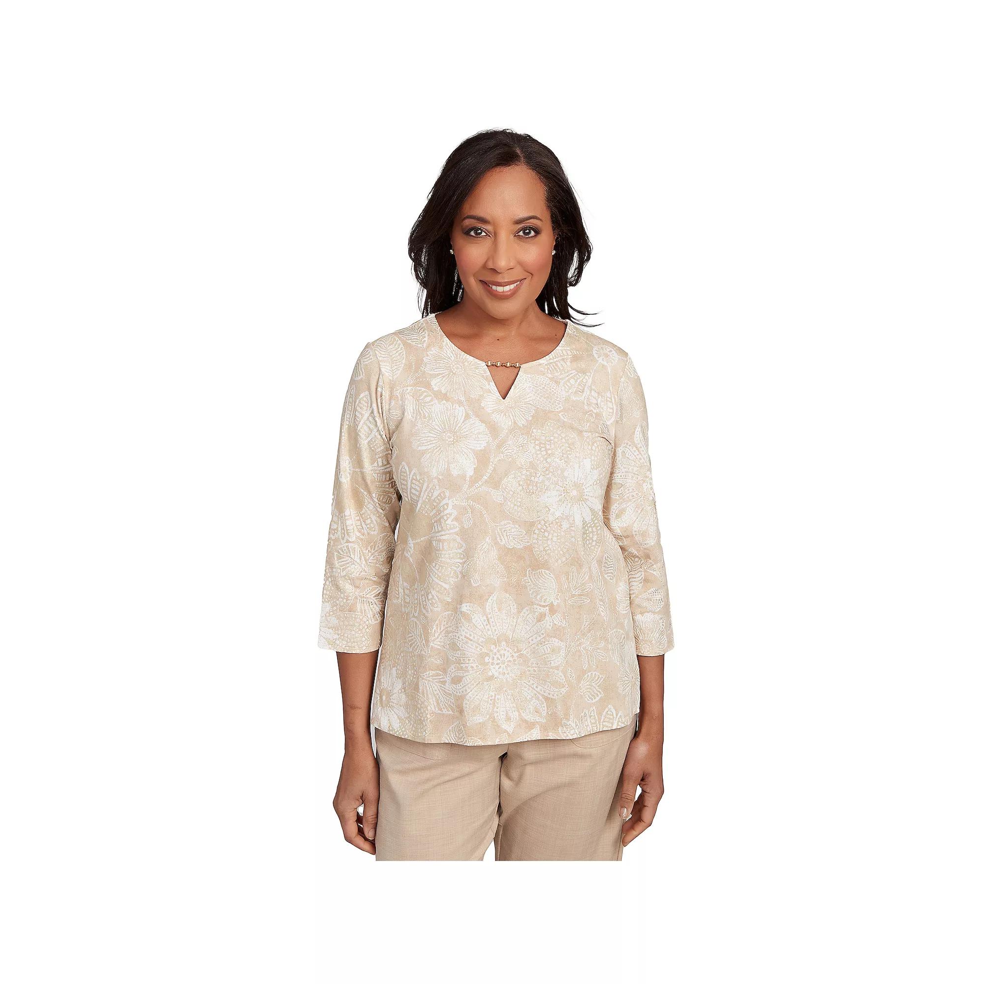 Women's Alfred Dunner Textured Floral Foil Accent Top, Size: XL, Linen Product Image