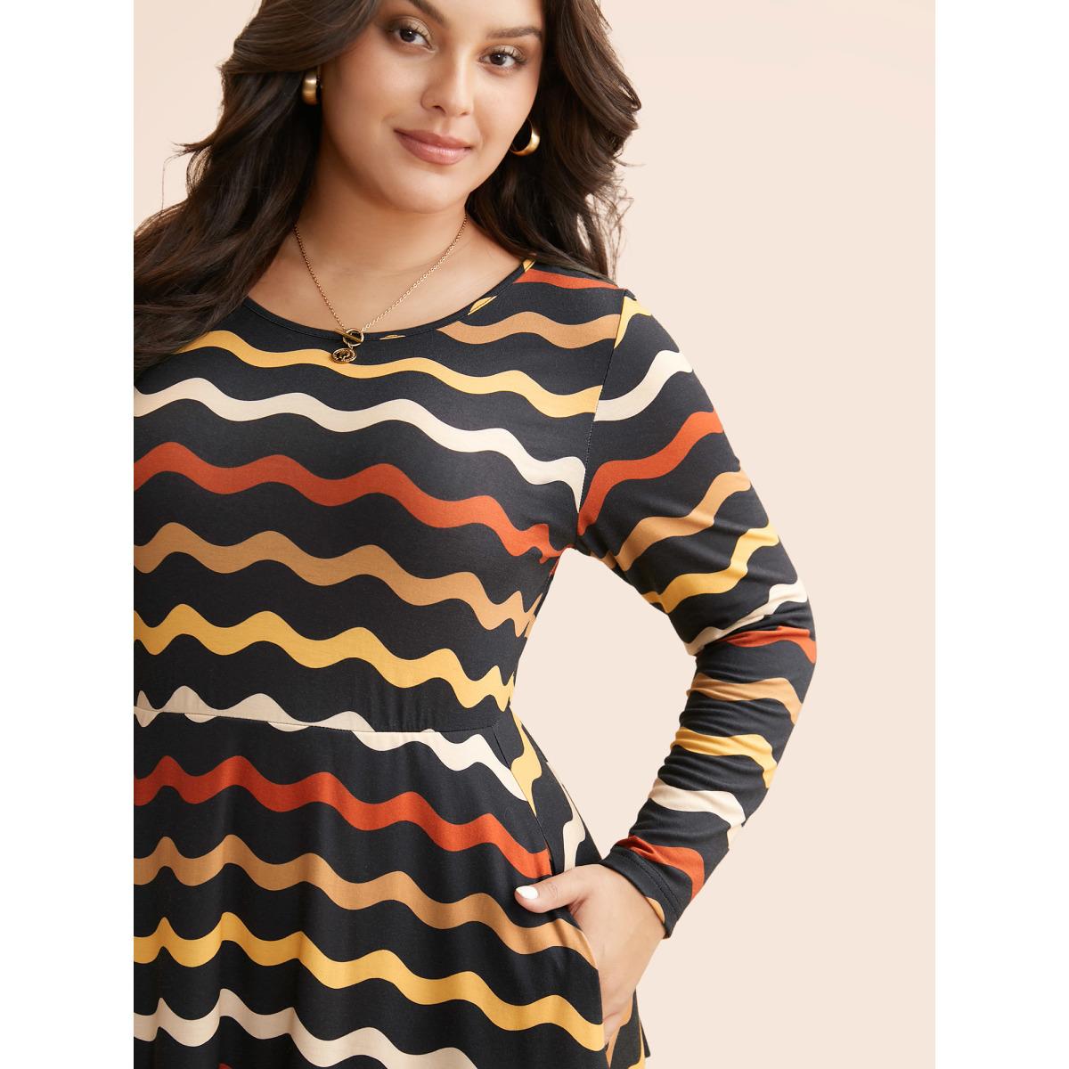 Plus Size Round Neck Contrast Striped Midi Dress BlackFlower Women Elegant Contrast Round Neck Long Sleeve Curvy BloomChic 30/6X Product Image