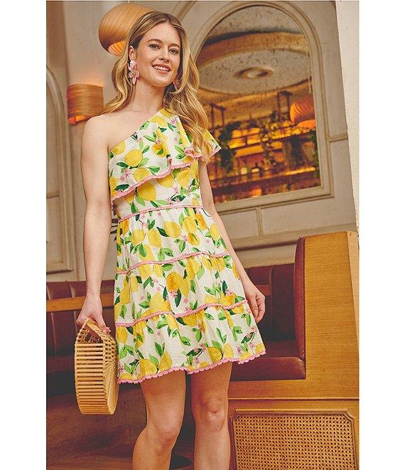 Adrianna by Adrianna Papell Lemon Fruit Print One-Shoulder Neck Sleeveless A-Line Mini Dress Product Image