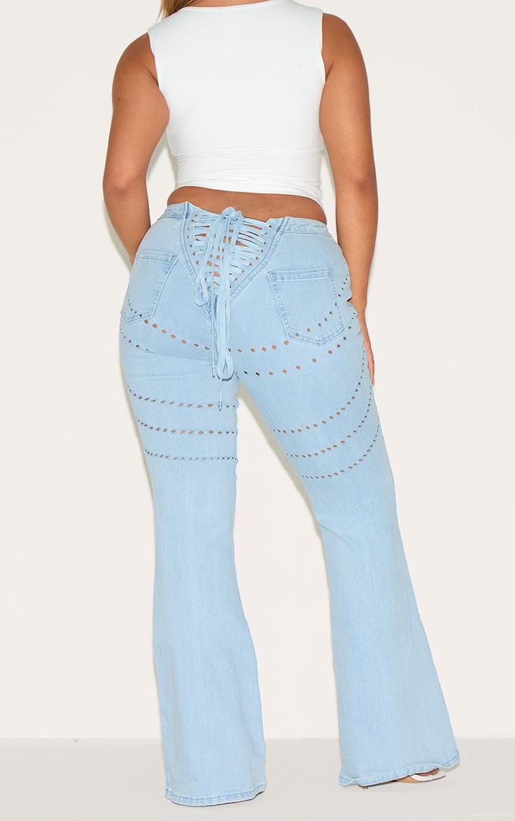 Shape Light Blue Wash Denim Lace Up Back Flare Jeans Product Image