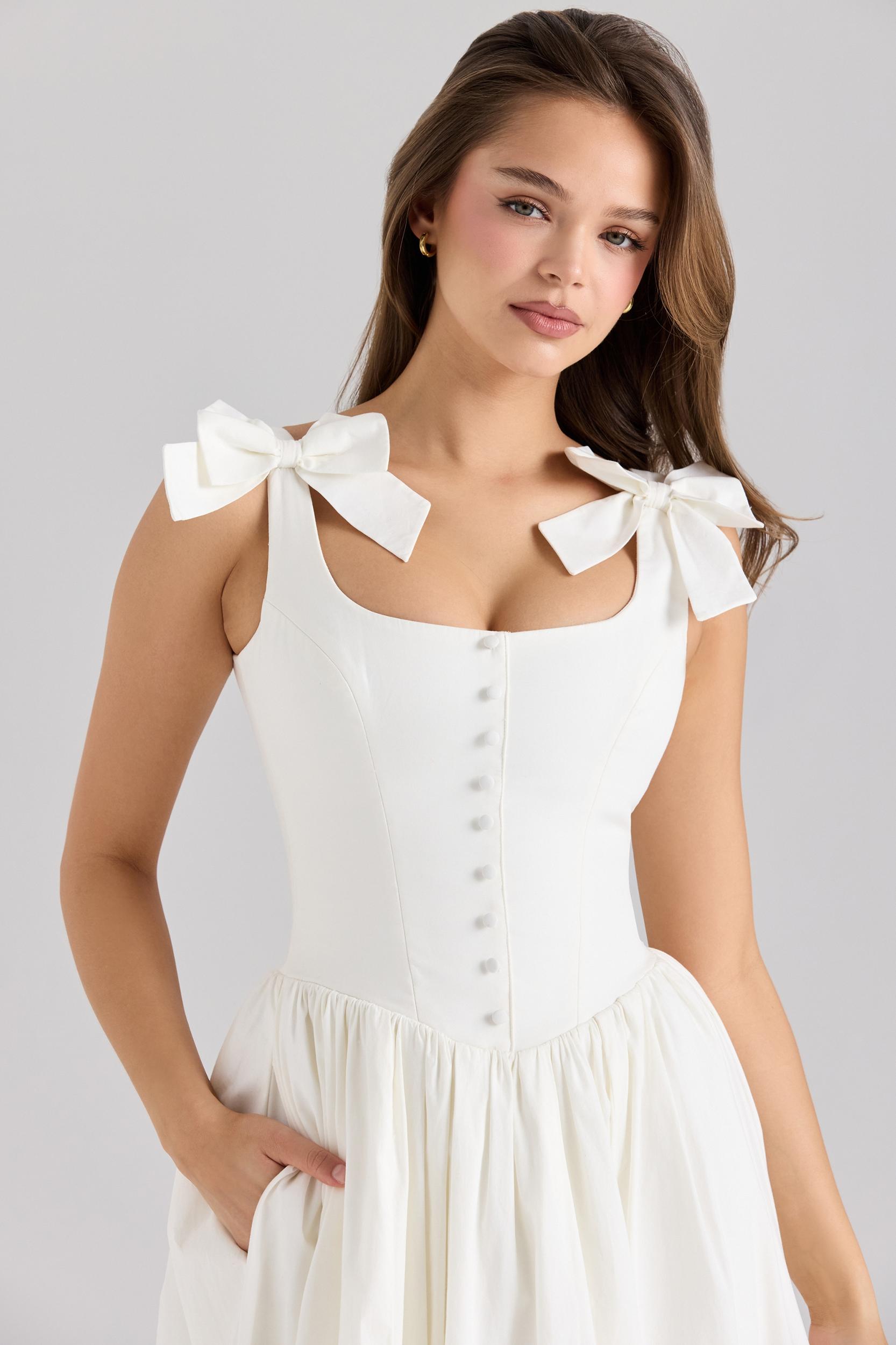 Lillia  white stretch cotton bow midi dress Product Image