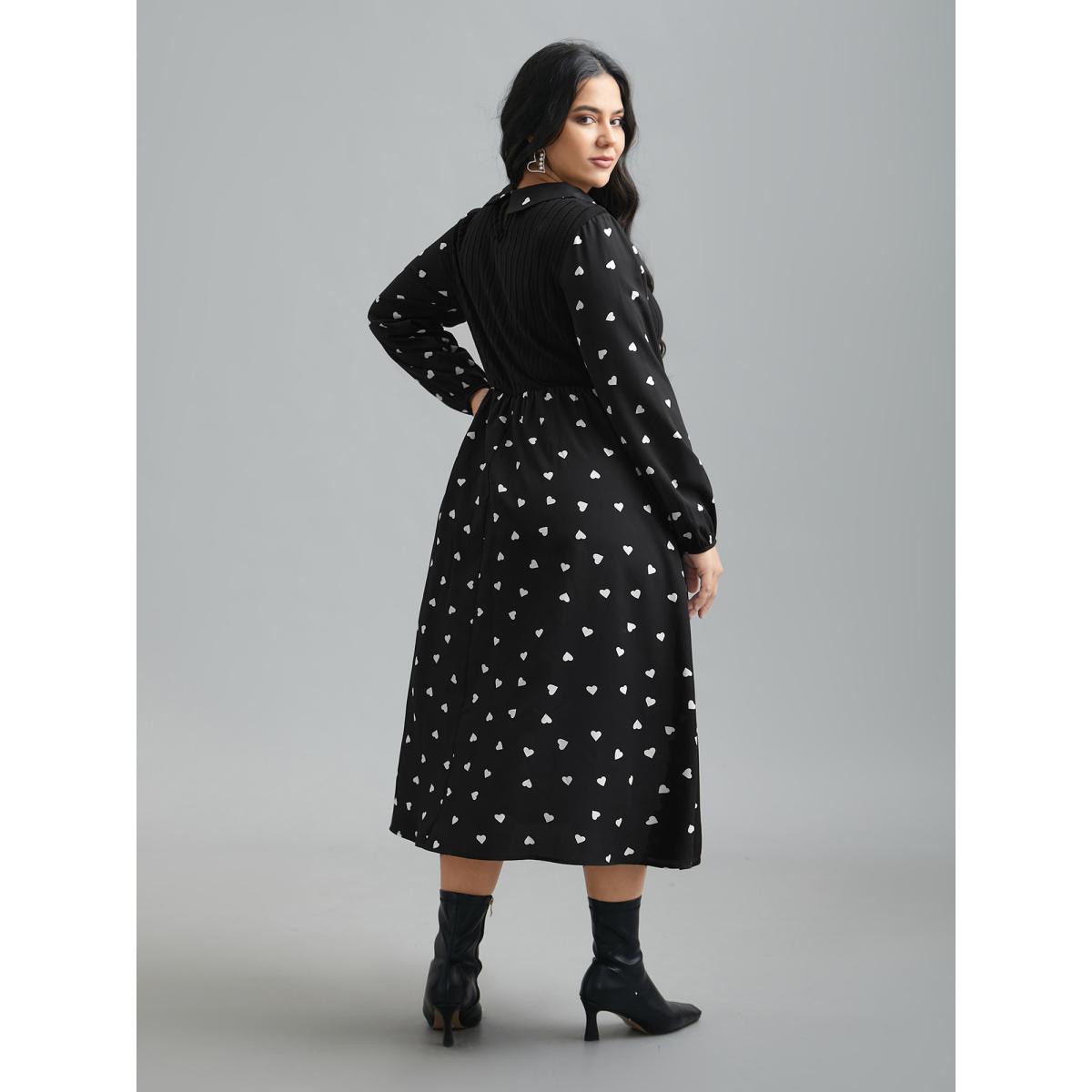 Plus Size Peter Pan Collar Heart Print Patchwork Dress Black Women Resort Texture Knit Dresses Bloomchic 18-20/2X Product Image