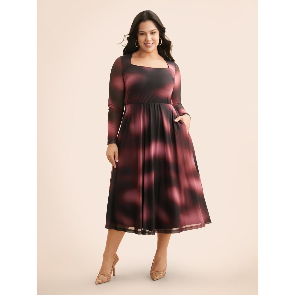 Plus Size Square Neck Gradient Dyeing Mesh Dress Eggplant Women Cocktail Texture Party Curvy Bloomchic 14-16/1X Product Image