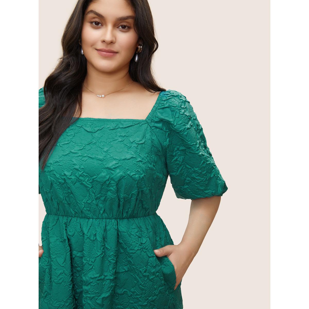 Plus Size Plisse Patchwork Flutter Hem Square Neck Dress Emerald Women Elegant Non Square Neck Half Sleeve Curvy Midi Dress BloomChic 14-16/1X Product Image