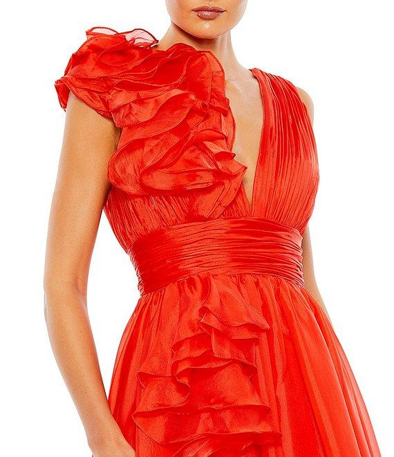 Mac Duggal Chiffon Deep V-Neck Sleeveless Ruffled Shoulder Ball Gown Product Image