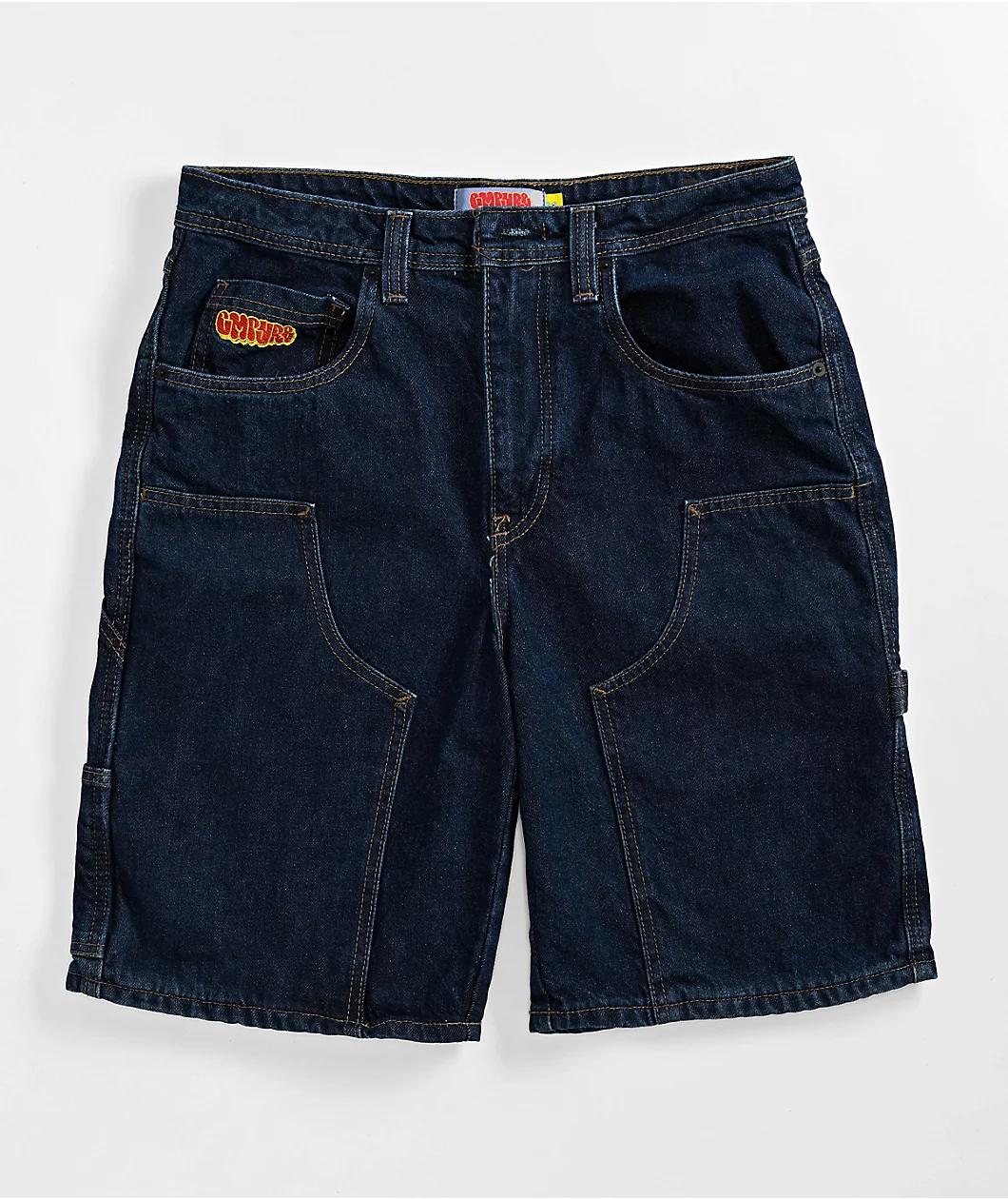 Empyre Loose Fit Double Knee Dark Blue Denim Shorts Product Image