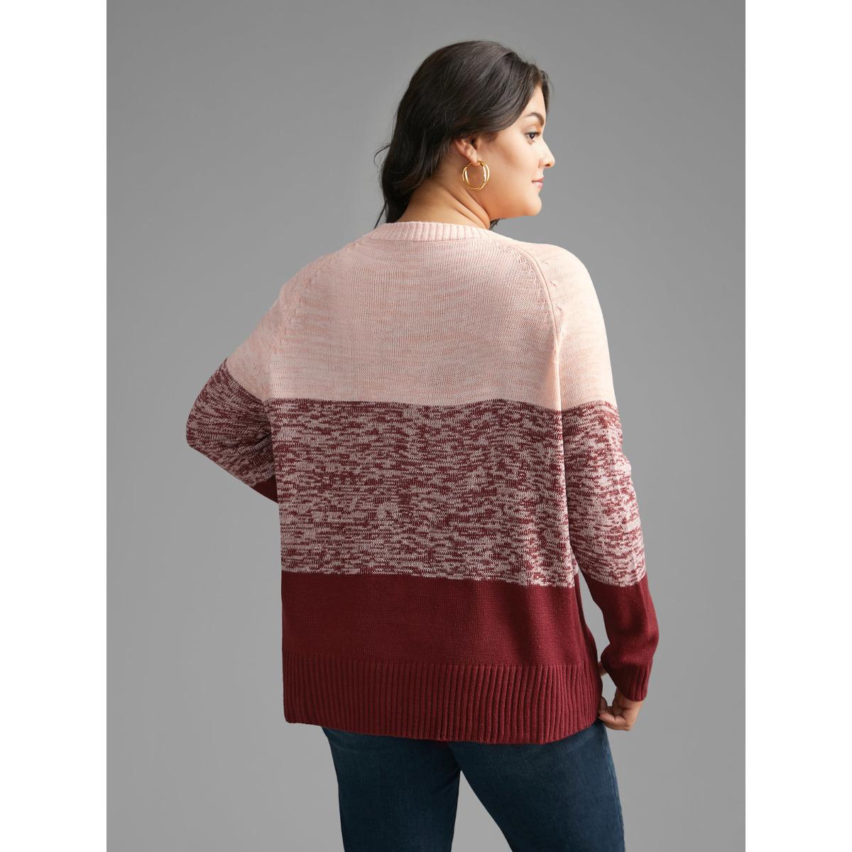 Plus Size Colorblock Contrast Heather Button Detail Pullover Scarlet Women Casual Long Sleeve Round Neck Everyday Pullovers BloomChic 22-24/3X Product Image