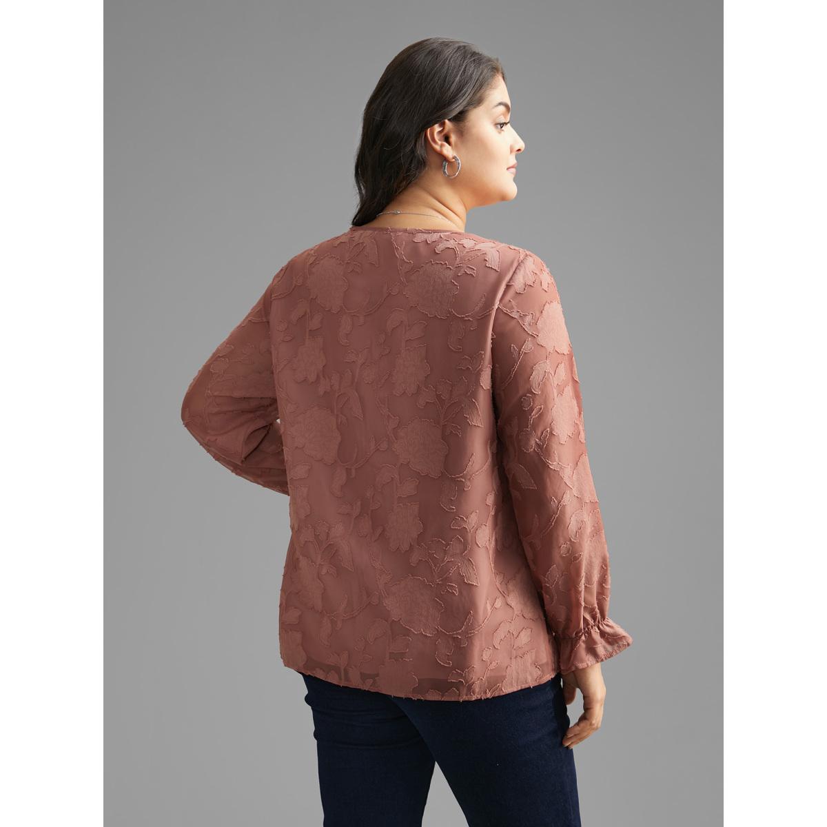 Plus Size Rouge Silhouette Floral Textured Lantern Sleeve Blouse Women Elegant Long Sleeve Round Neck Everyday Blouses BloomChic 28/5X Product Image