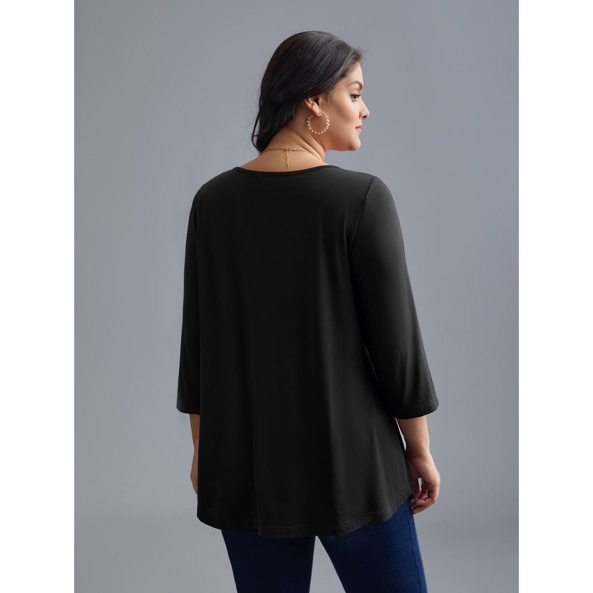 Plus Size Asymmetrical Hem Overlap Long T-shirt Eggplant Women Leisure Tucked seam Round Neck Loose Casual T-shirts BloomChic 14-16/1X Product Image
