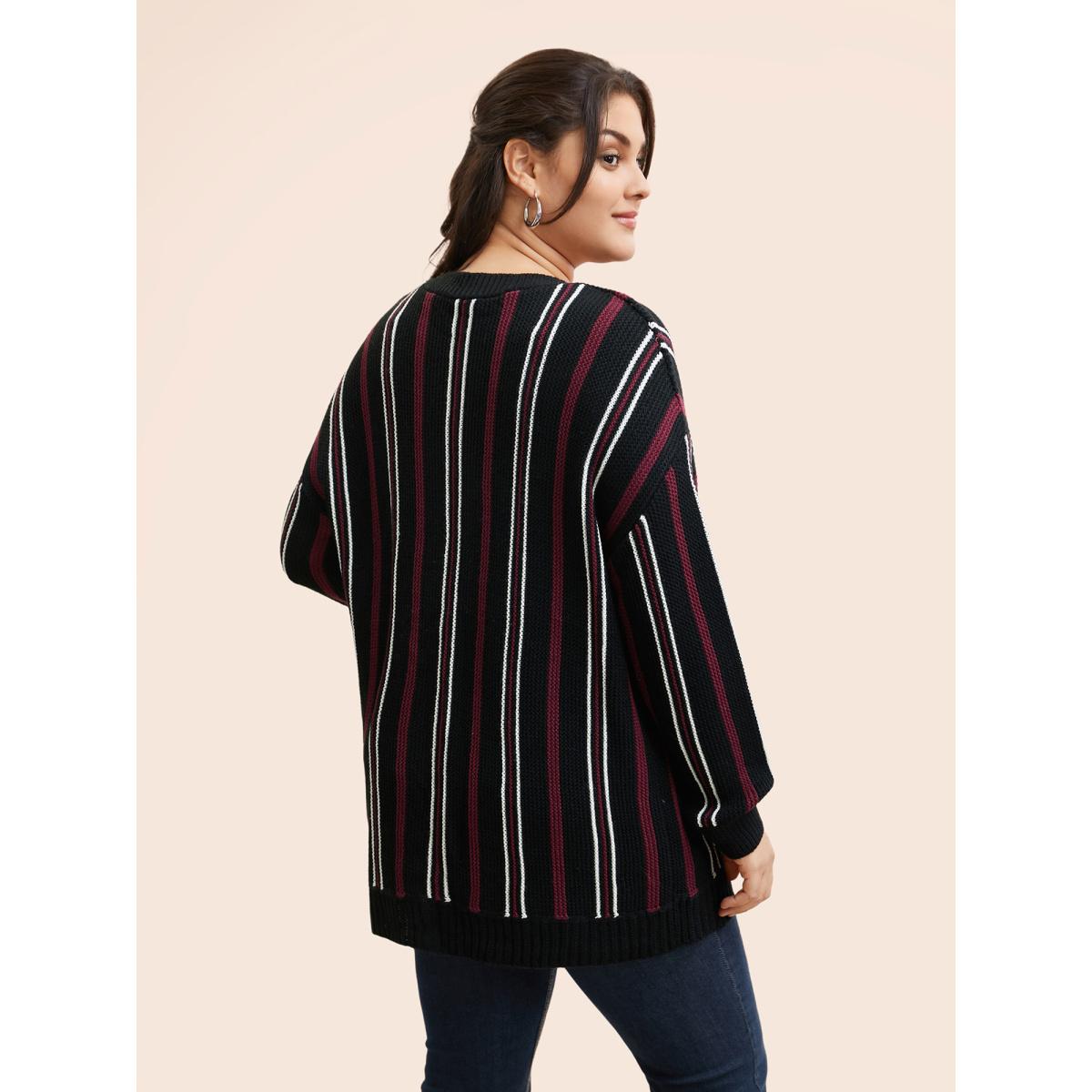 Plus Size Striped Patched Pocket Drop Shoulder Cardigan Black Women Casual Long Sleeve Everyday Cardigans BloomChic 30/6X Product Image