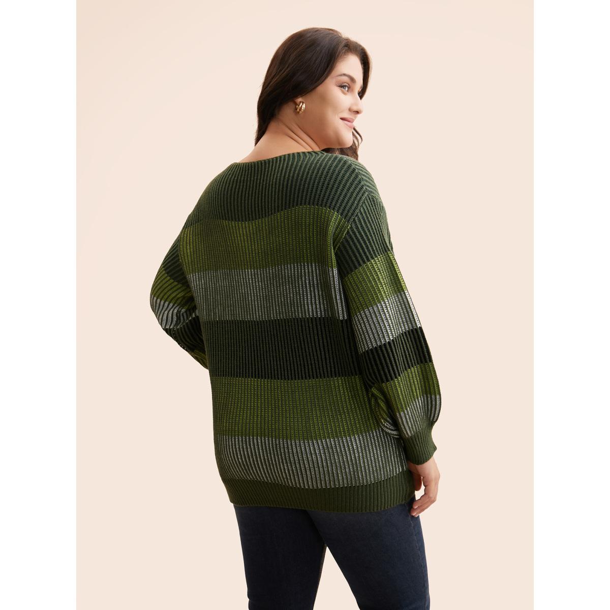 Plus Size Textured Striped Contrast Patchwork Pullover ArmyGreen Women Leisure Long Sleeve Round Neck Casual Pullovers BloomChic 30/6X Product Image