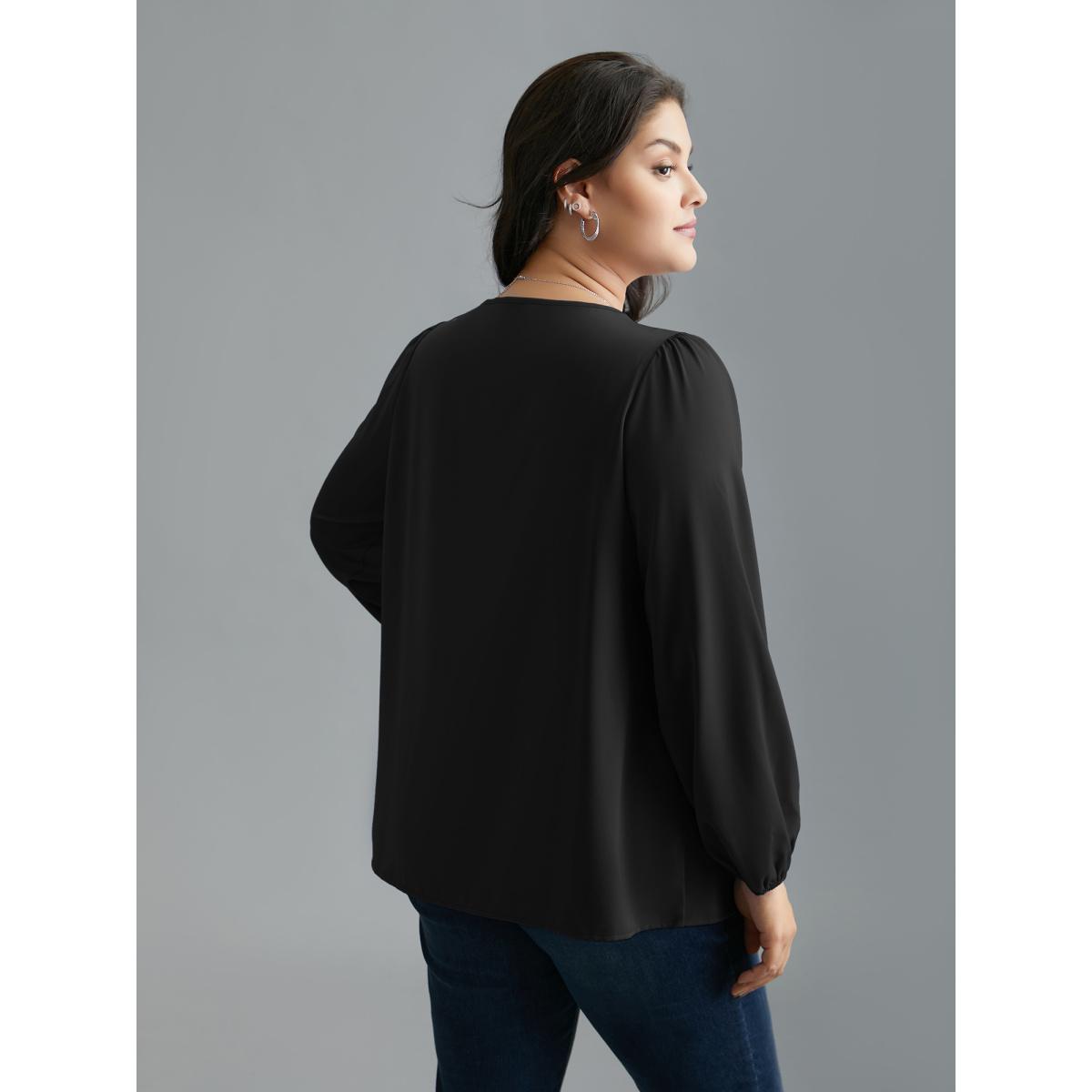 Plus Size Black Criss Cross Neckline Puff Sleeve Gathered Blouse Women Elegant Long Sleeve Asymmetrical Neck Everyday Blouses BloomChic 10/M Product Image