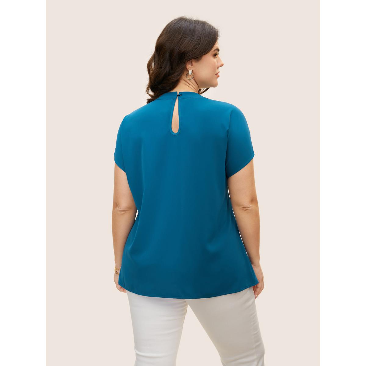 Plus Size Mediumblue Twist Front Pleated Dolman Sleeve Blouse Women At the Office Short sleeve Mock Neck Work Blouses BloomChic 26/4X Product Image