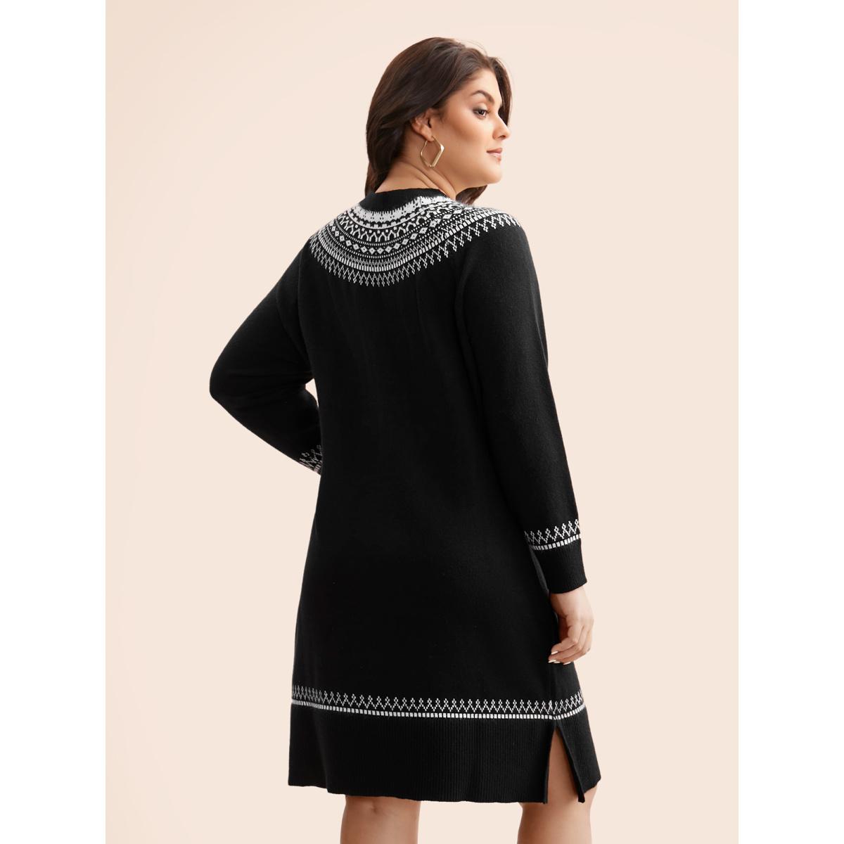 Plus Size Supersoft Essentials Geo-embroidery Fair Isle Fitted Sweater Dress Black Women Casual Loose Long Sleeve Everyday Sweater Dresses BloomChic 12/L Product Image