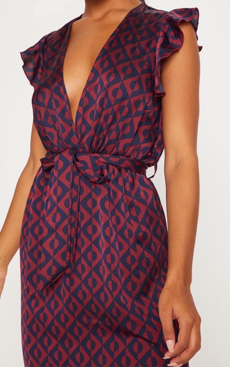 Navy Geo Print Satin Frill Shoulder Split Midi Dress Product Image