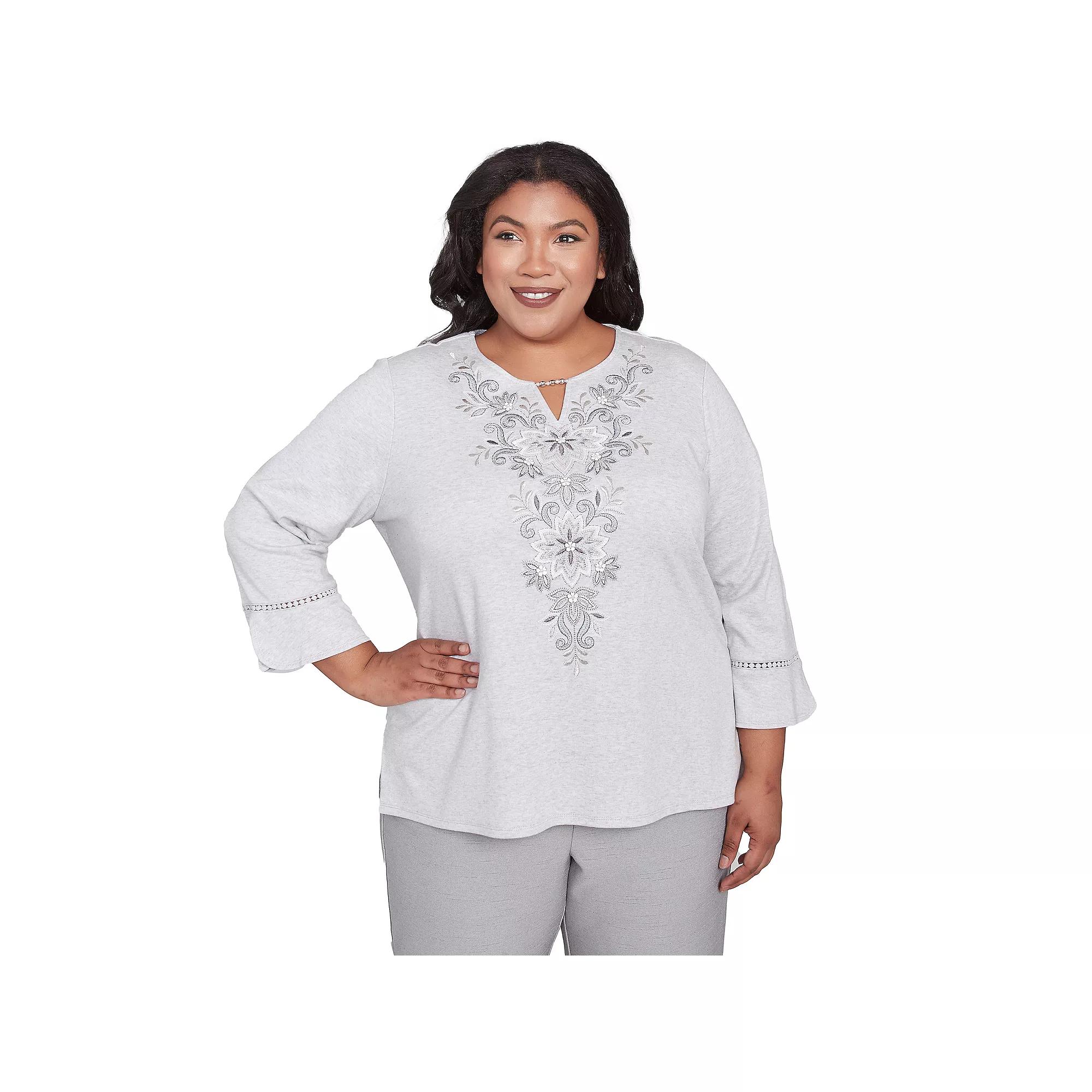 Plus Size Alfred Dunner Embroidered Scroll Bell Sleeve Top, Women's, Size: 3XL, Dove Gray Product Image